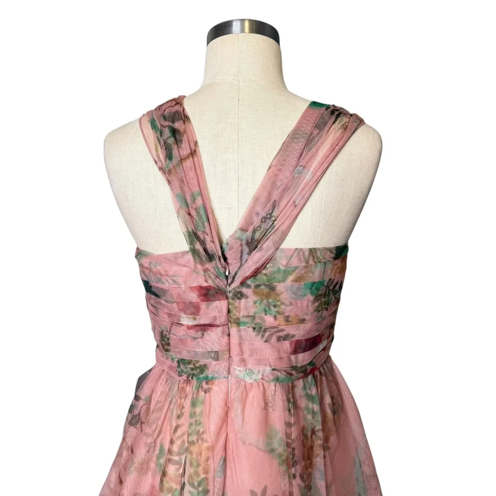 PATBO Pink Floral Print Tulle Evening Gown Beaded Garden Fairy Women's Size 8 - Picture 5 of 13